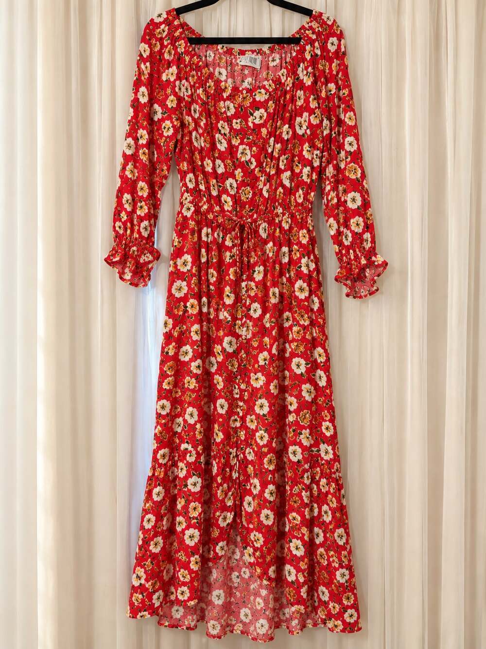 Just Found Floral Midi Dress Size 1X Red Long Sleeve Tie Front